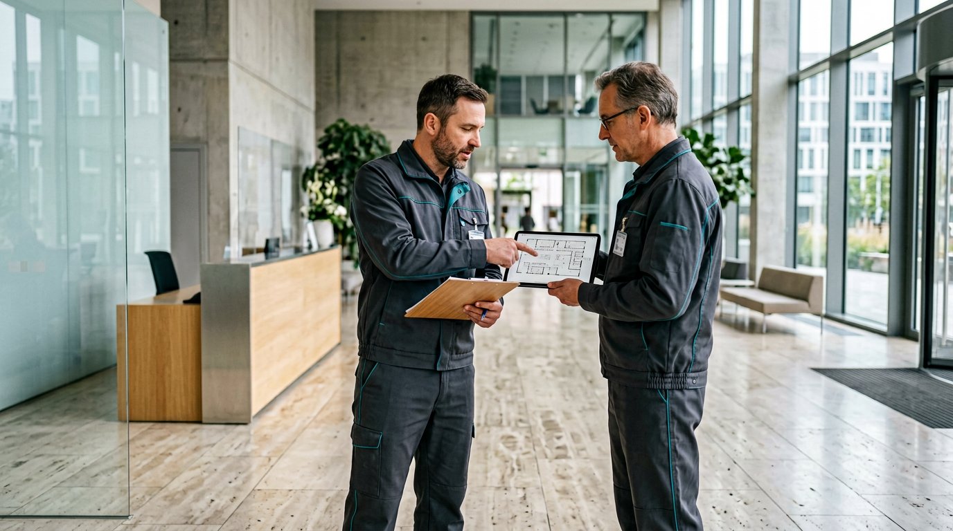 Two members of a cleaning team reviewing a floor plan with a tablet in a commercial lobby