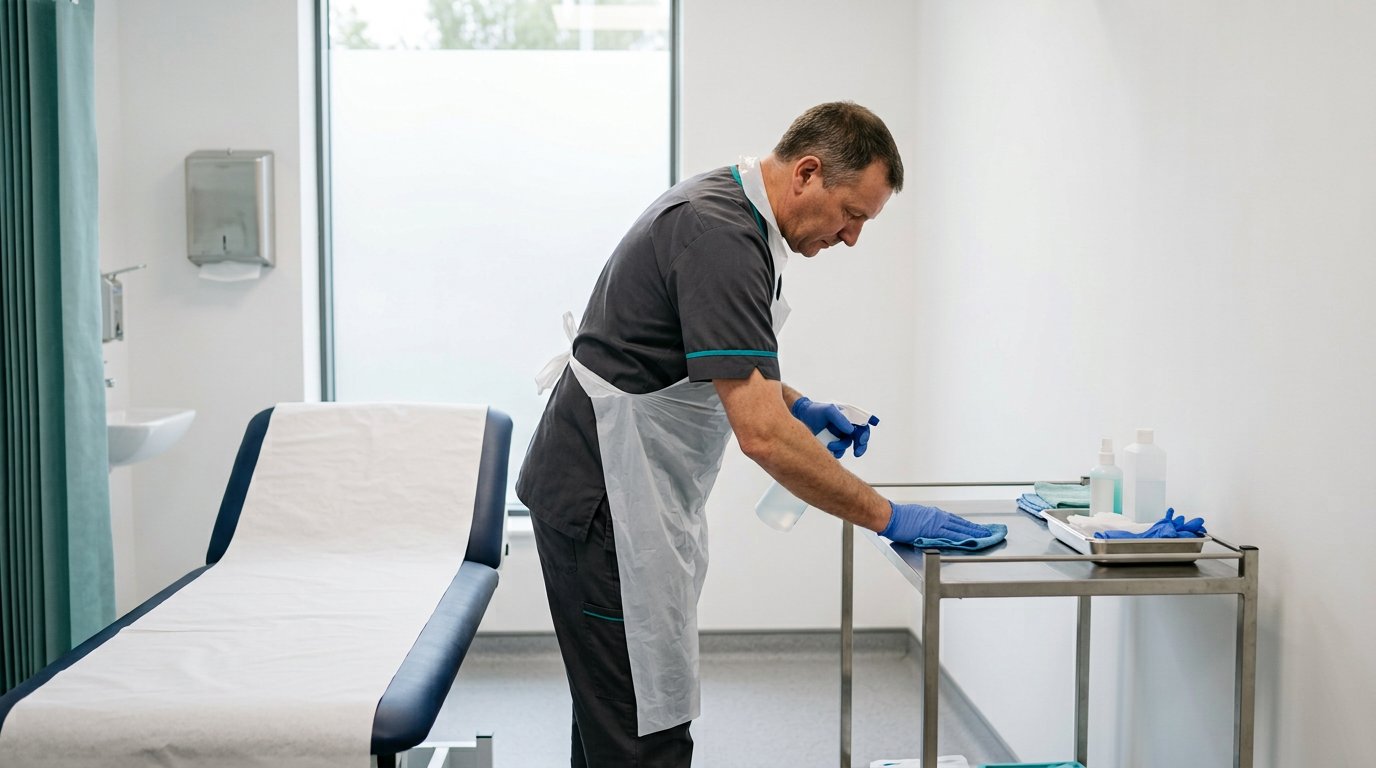 A cleaning operative in gloves and apron sanitising surfaces in a modern clinic treatment room