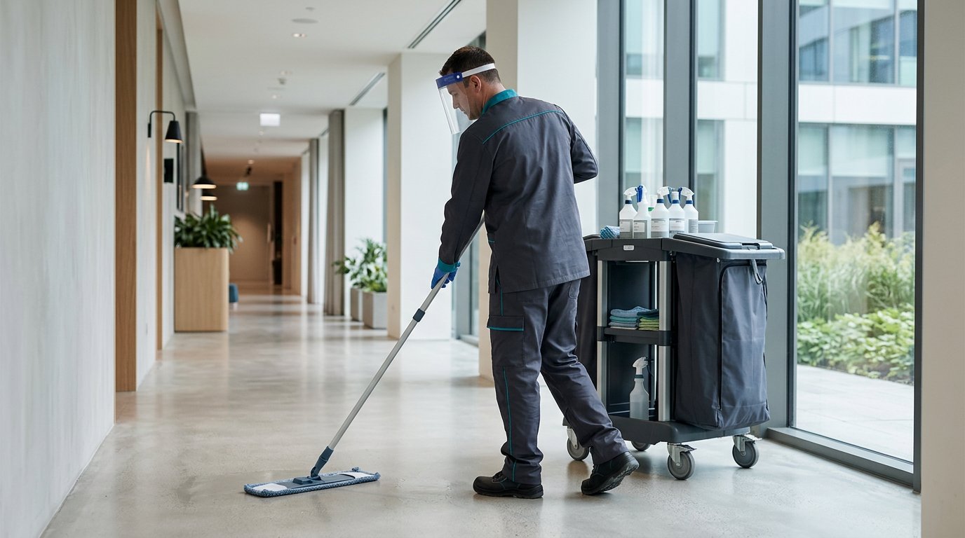 A cleaning technician in protective equipment deep cleaning a modern commercial interior with professional tools