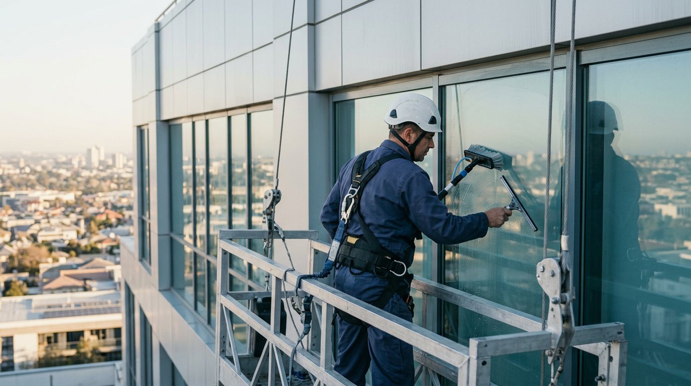 A window cleaner in a helmet and full fall-protection harness working from a suspended cradle on a glass facade