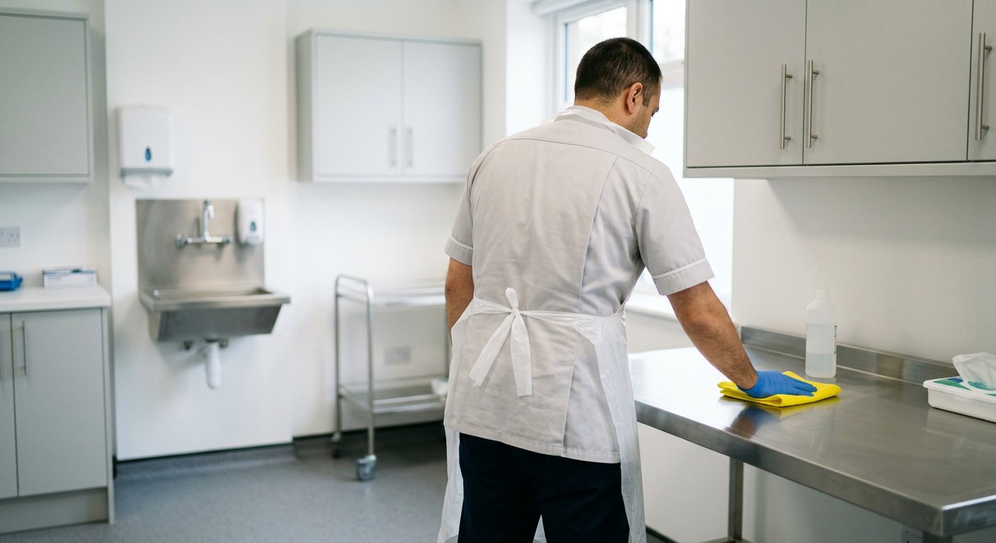 A cleaning operative in gloves wiping a clinical counter in a treatment room