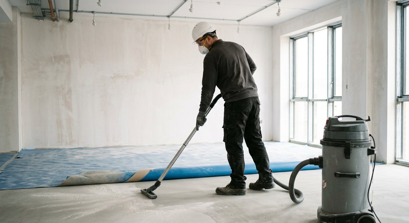 An operative in protective equipment vacuuming dust from a newly fitted interior