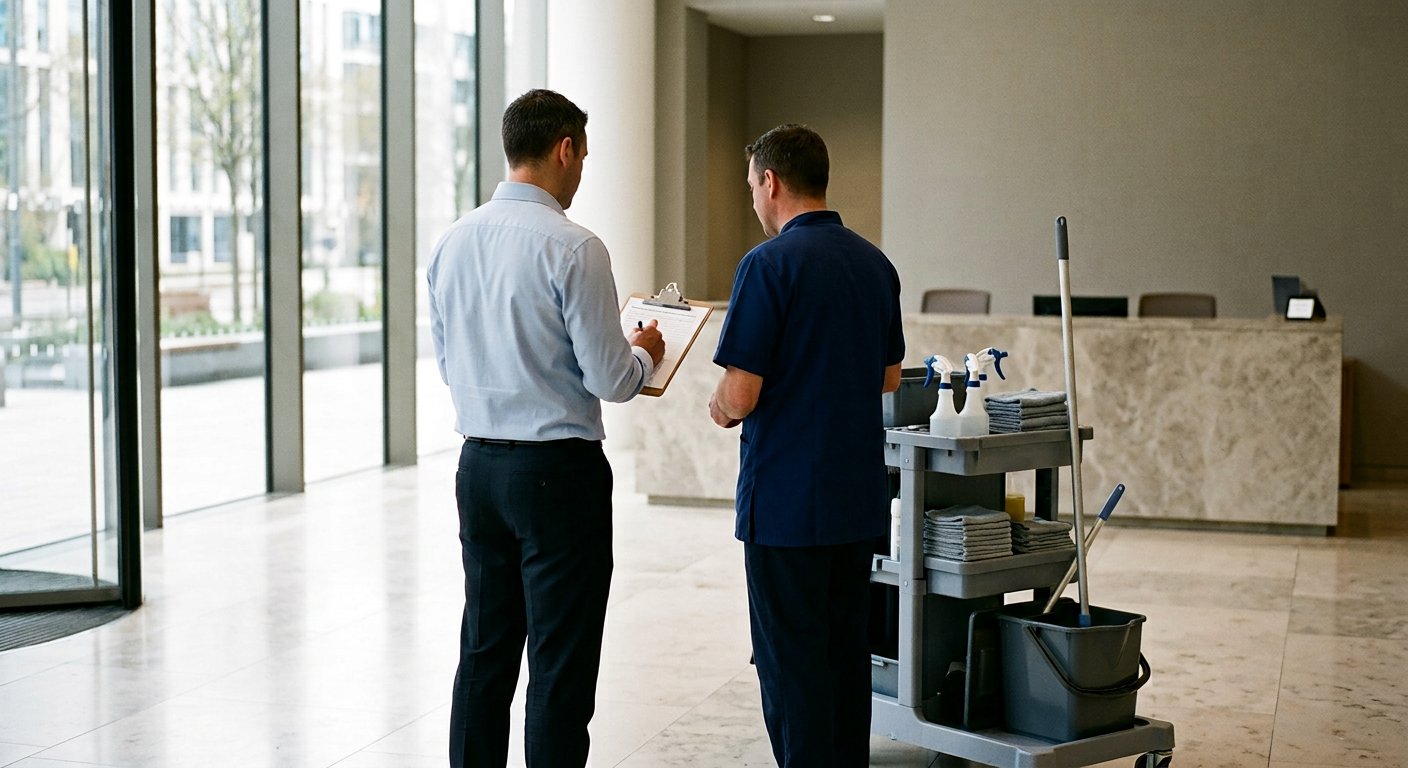 A supervisor reviewing a task list with an operative beside a cleaning trolley in a building lobby