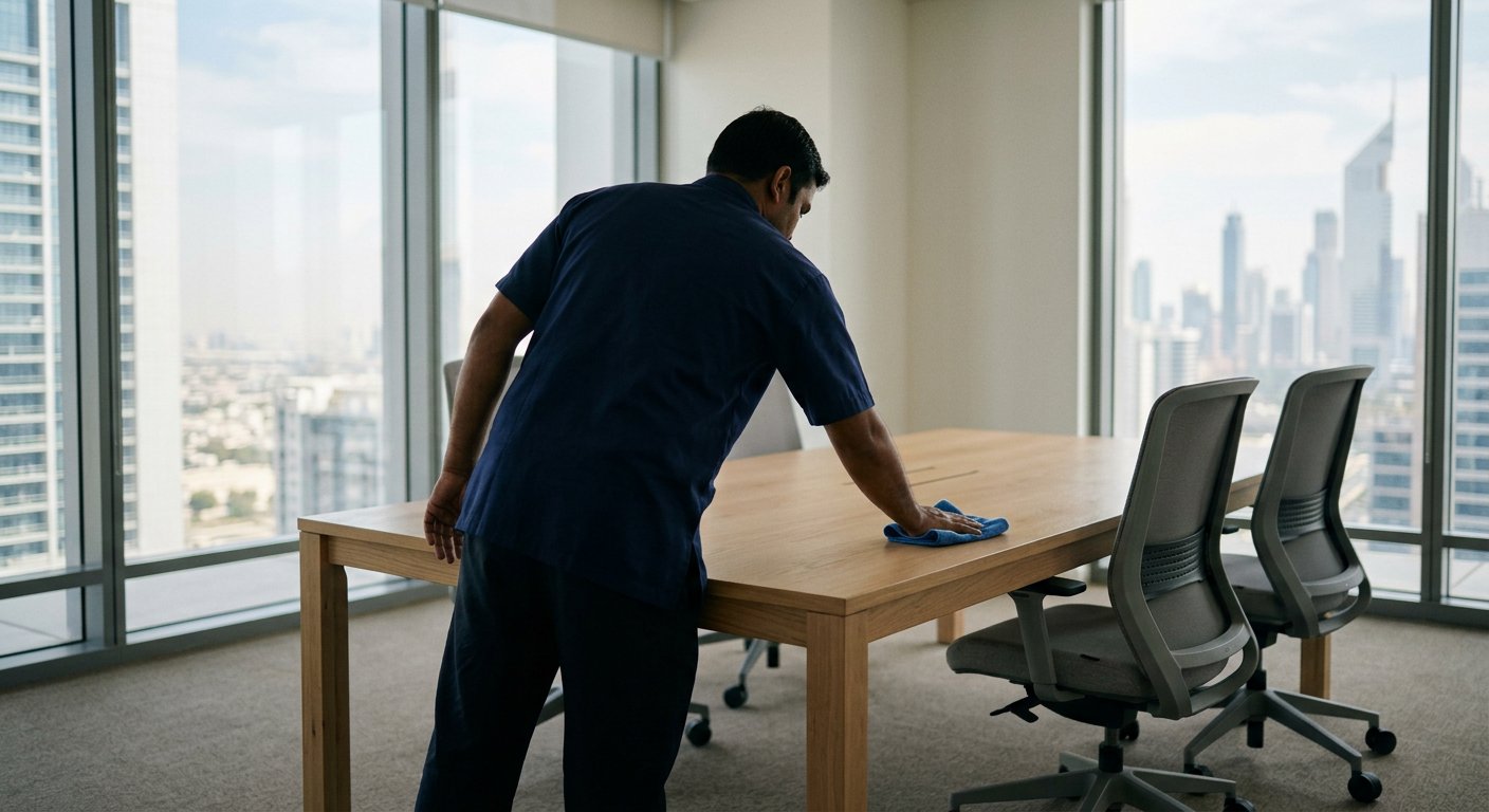 A cleaning operative wiping a meeting-room table in a Dubai office tower
