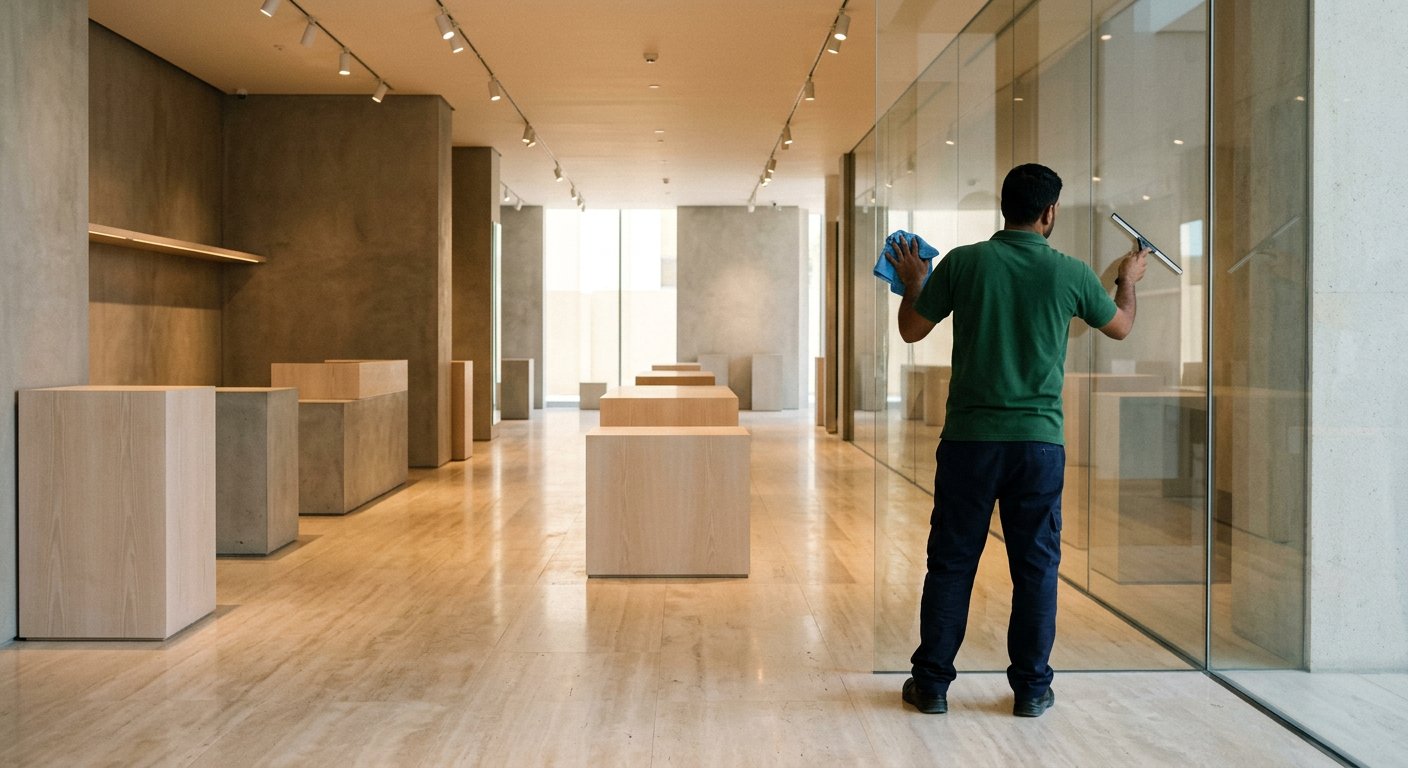 An operative polishing a glass display front in a retail showroom