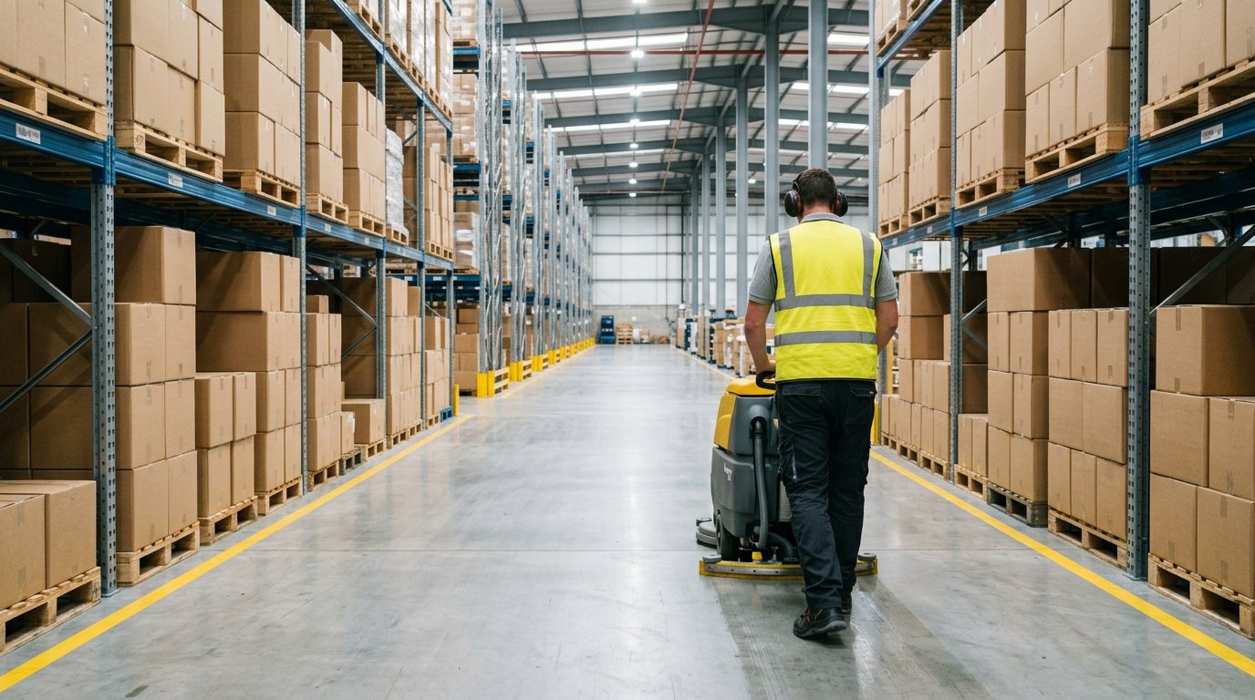An operative in a high-visibility vest using a floor scrubber in a warehouse aisle