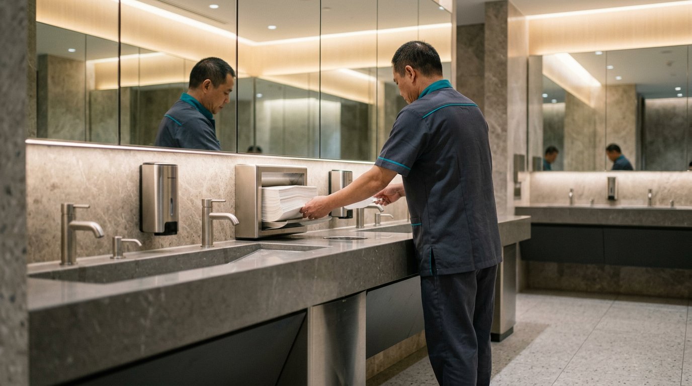 A janitorial worker restocking paper towels in a clean commercial washroom