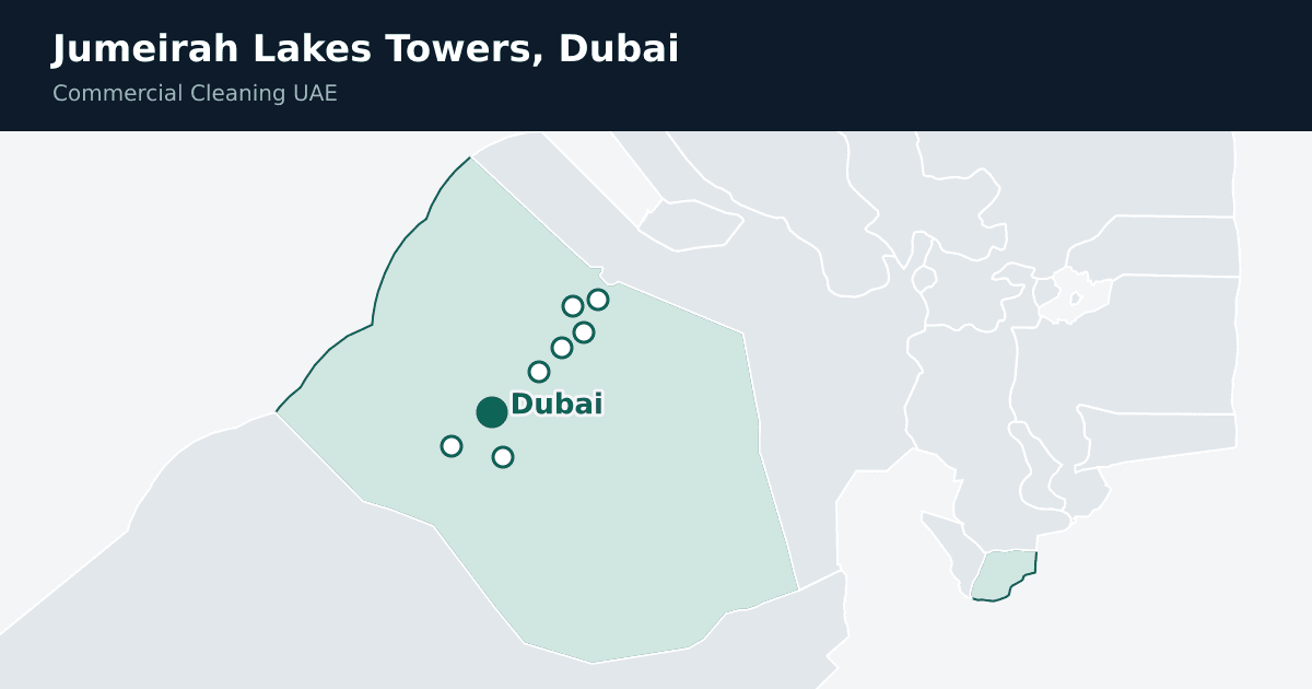 Jumeirah Lakes Towers, Dubai, pinned on a map of the emirate