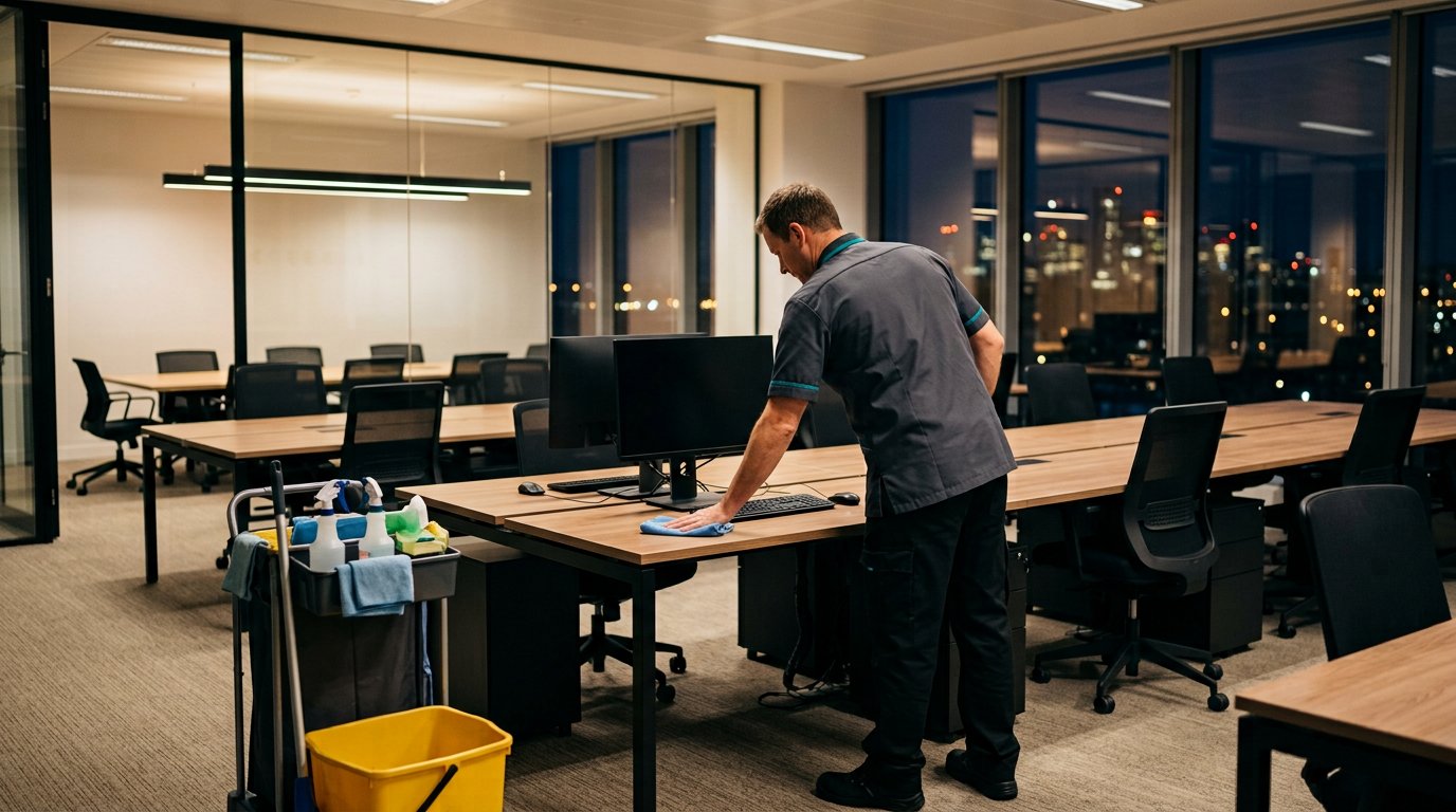 A cleaning operative wiping desks and surfaces in a bright open-plan office after hours