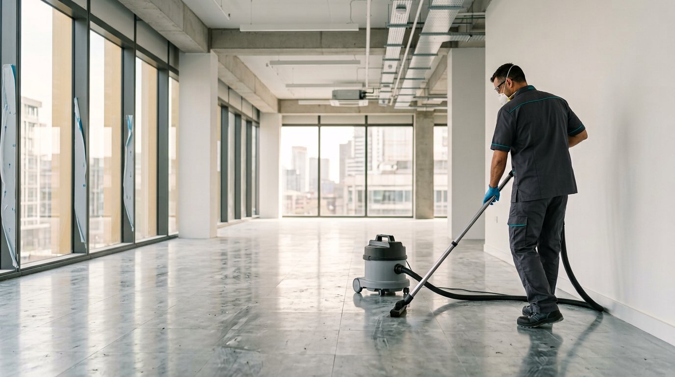 A cleaner in PPE removing fine construction dust from a newly completed commercial interior