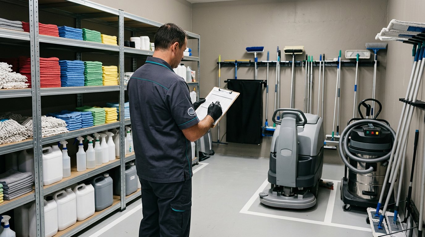 Colour-coded cleaning equipment stored neatly on shelves while an operative checks a clipboard
