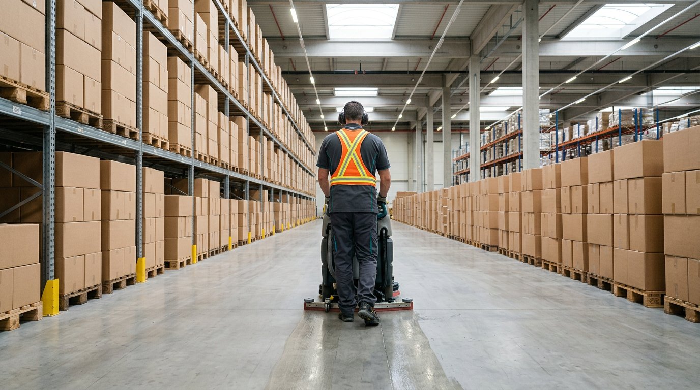 An operative in a high-visibility vest using a walk-behind floor scrubber in an organised warehouse aisle